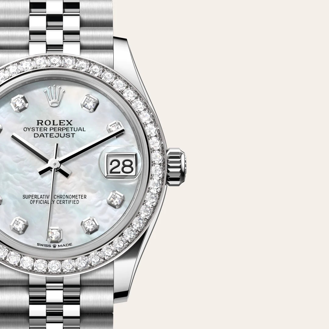 Rolex Datejust 31 in White Rolesor - combination of Oystersteel and white gold with a White mother-of-pearl set with diamonds dial, Diamond-set bezel, Jubilee, five-piece links bracelet
