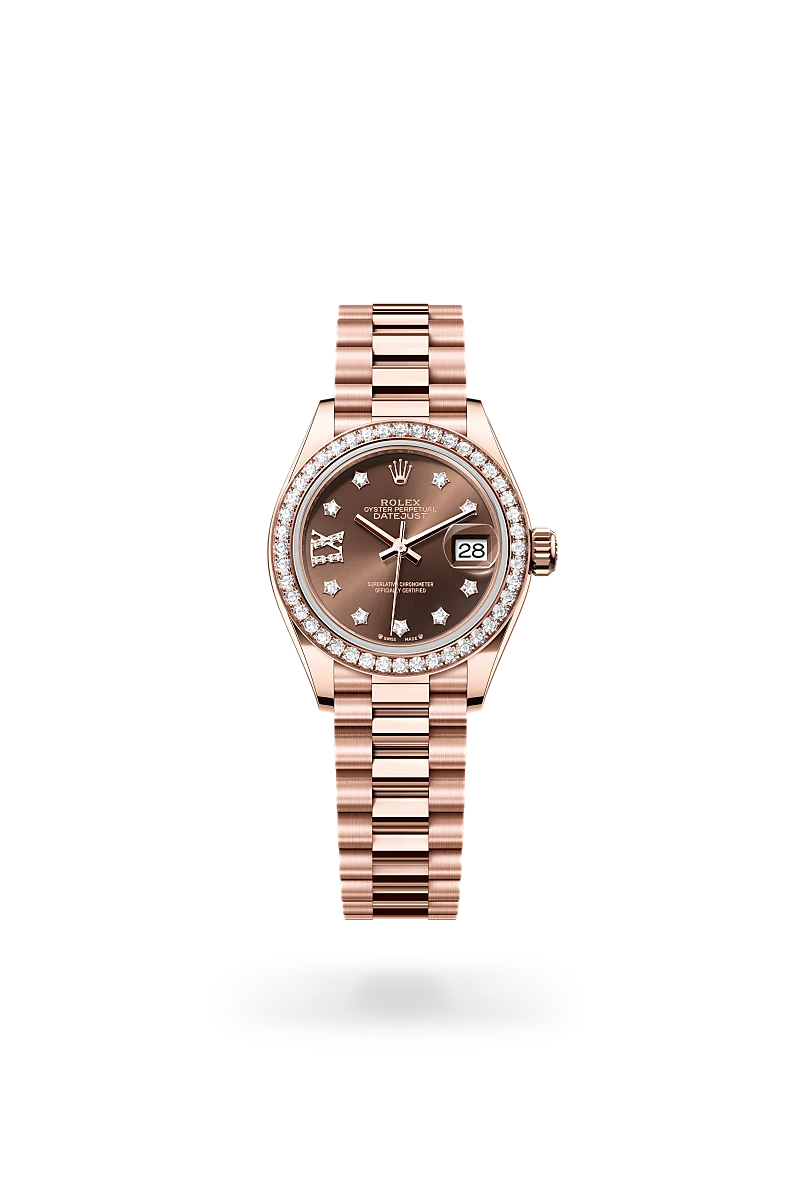 Rolex Lady-Datejust in 18 ct Everose gold with a Chocolate set with diamonds dial, Diamond-set bezel, President, semi-circular three-piece links bracelet