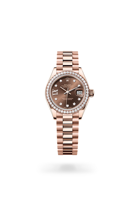 Rolex Lady-Datejust in 18 ct Everose gold with a Chocolate set with diamonds dial, Diamond-set bezel, President, semi-circular three-piece links bracelet