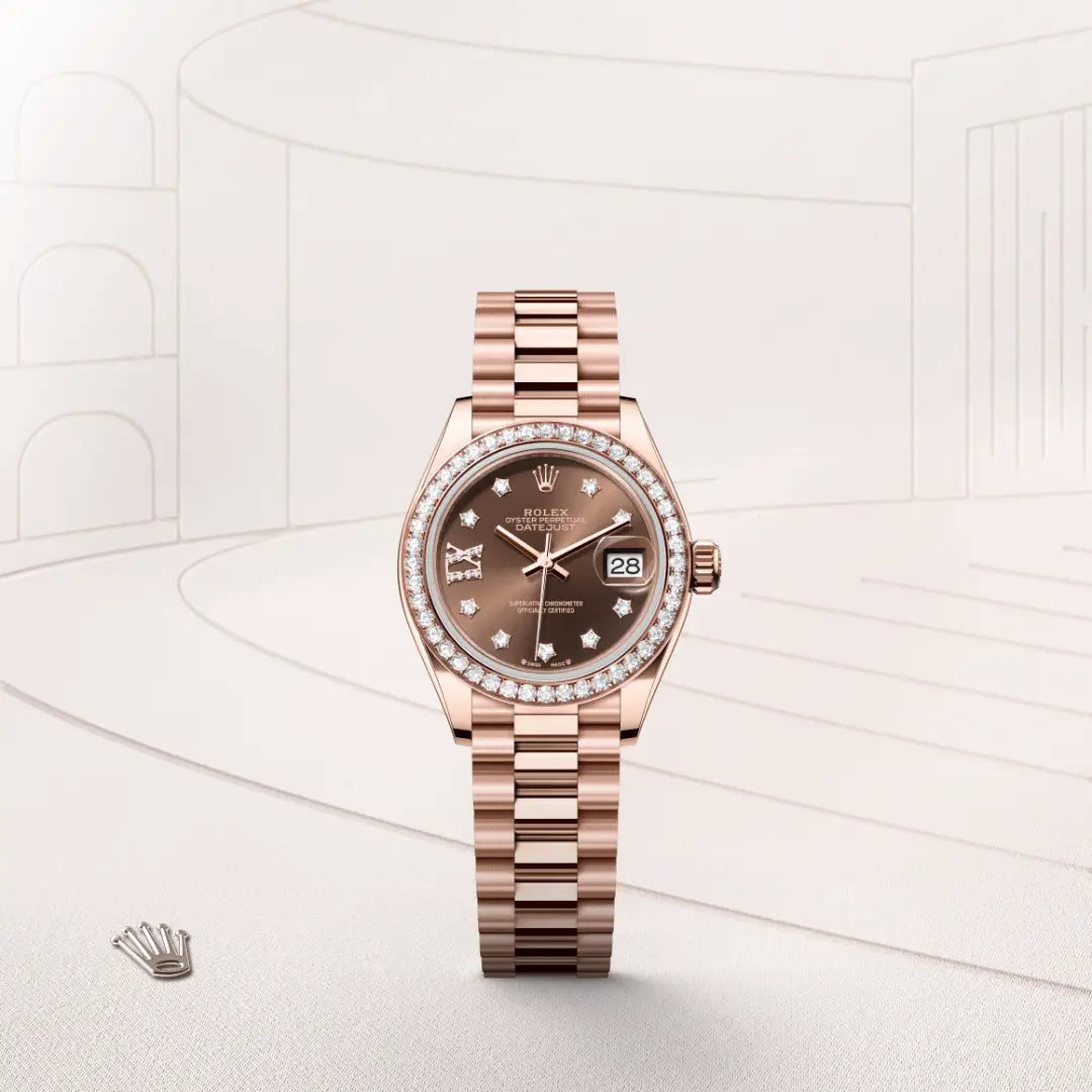 Rolex Lady-Datejust in 18 ct Everose gold with a Chocolate set with diamonds dial, Diamond-set bezel, President, semi-circular three-piece links bracelet