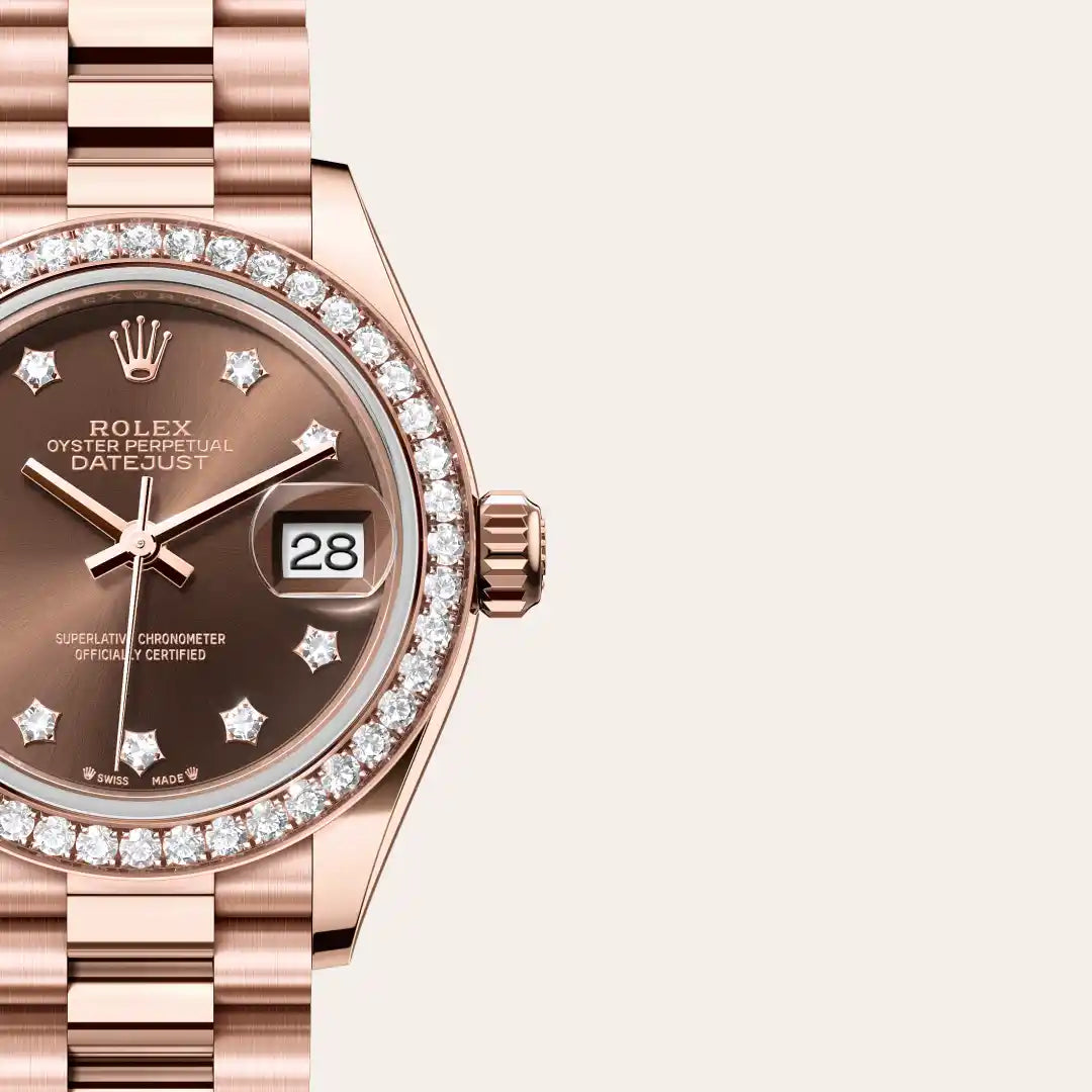Rolex Lady-Datejust in 18 ct Everose gold with a Chocolate set with diamonds dial, Diamond-set bezel, President, semi-circular three-piece links bracelet