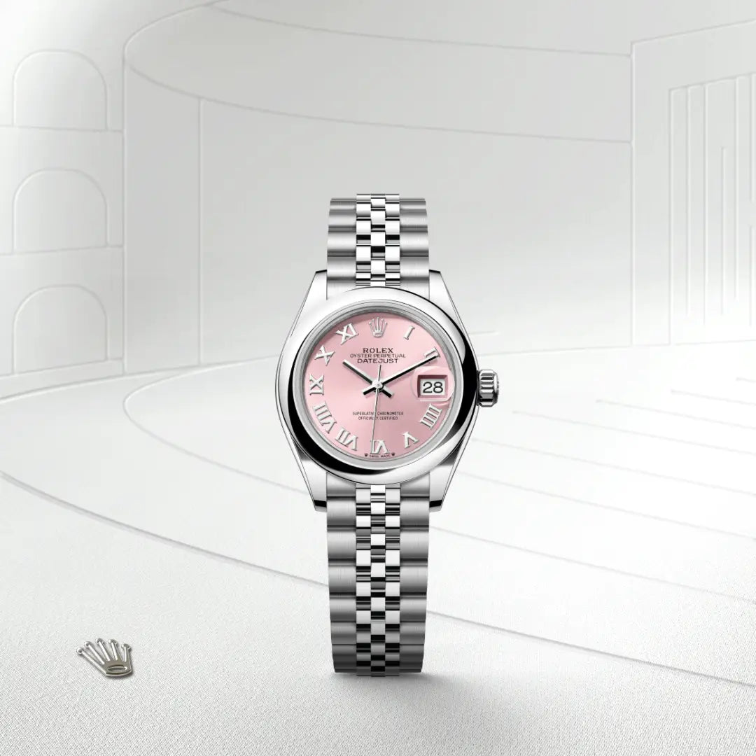 Rolex Lady-Datejust in Oystersteel with a Pink dial, Domed bezel, Jubilee, five-piece links bracelet