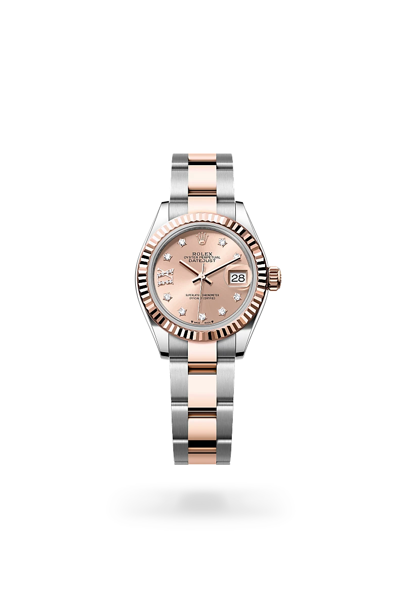 Rolex Lady-Datejust in Everose Rolesor - combination of Oystersteel and Everose gold with a Rosé-colour set with diamonds dial, Fluted bezel, Oyster, three-piece solid links bracelet