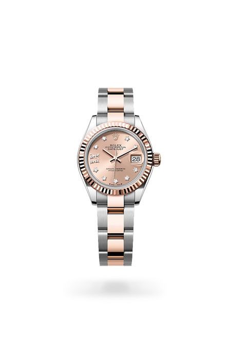 Rolex Lady-Datejust in Everose Rolesor - combination of Oystersteel and Everose gold with a Rosé-colour set with diamonds dial, Fluted bezel, Oyster, three-piece solid links bracelet