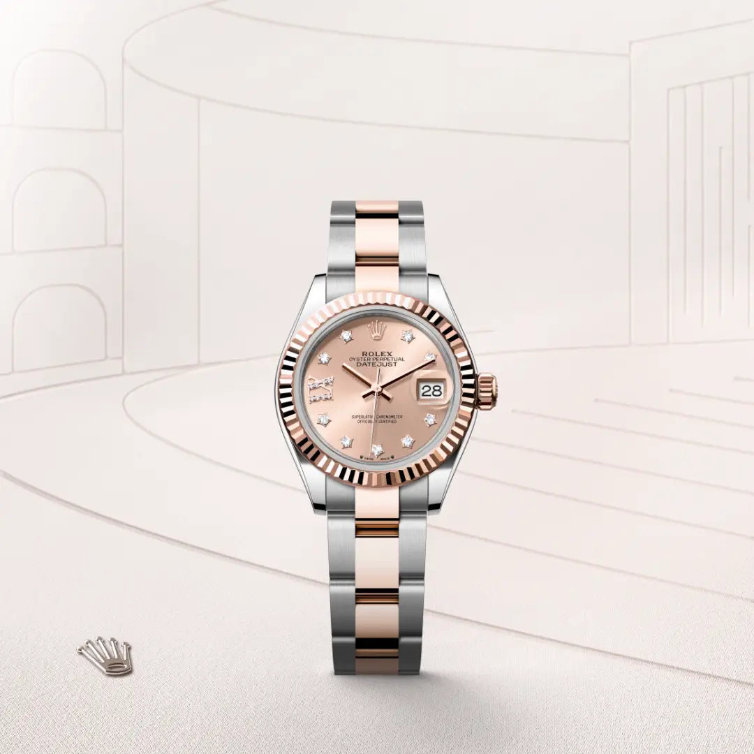 Rolex Lady-Datejust in Everose Rolesor - combination of Oystersteel and Everose gold with a Rosé-colour set with diamonds dial, Fluted bezel, Oyster, three-piece solid links bracelet