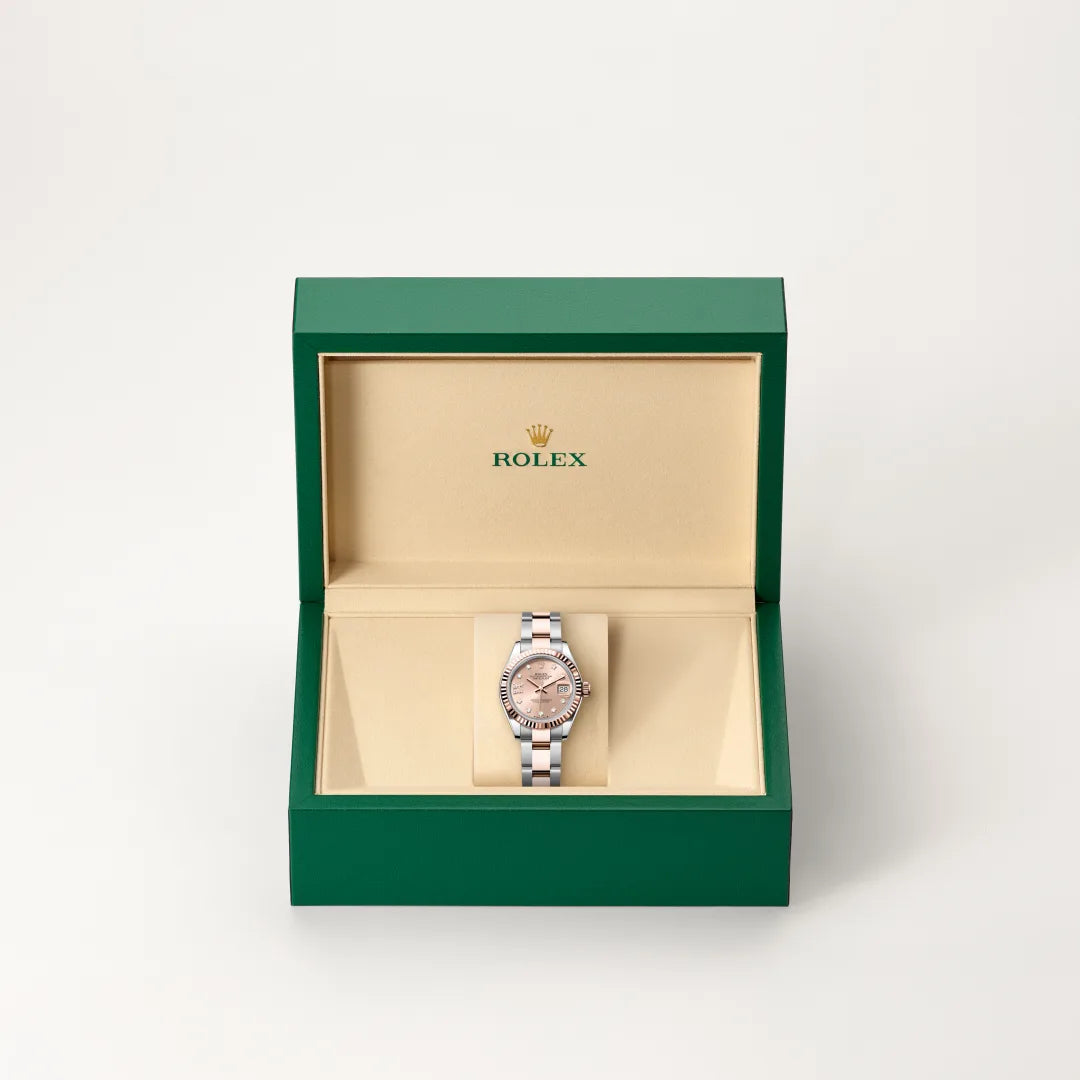 Rolex Lady-Datejust in Everose Rolesor - combination of Oystersteel and Everose gold with a Rosé-colour set with diamonds dial, Fluted bezel, Oyster, three-piece solid links bracelet