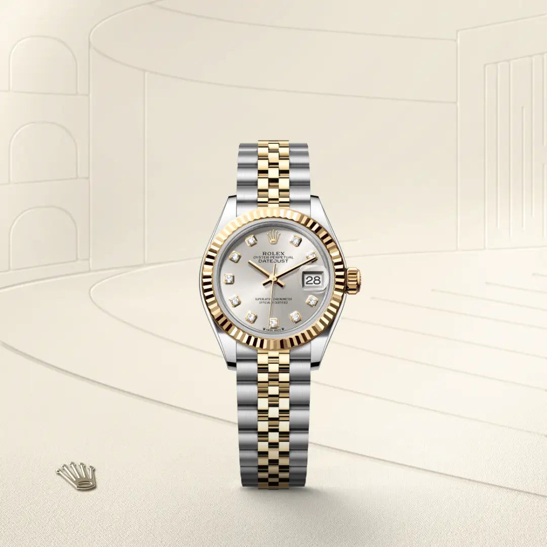 Rolex Lady-Datejust in Yellow Rolesor - combination of Oystersteel and yellow gold with a Silver set with diamonds dial, Fluted bezel, Jubilee, five-piece links bracelet