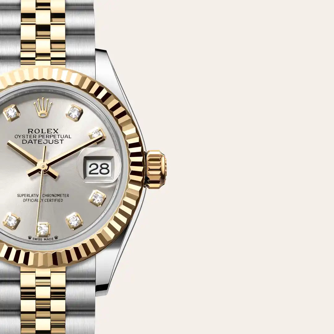 Rolex Lady-Datejust in Yellow Rolesor - combination of Oystersteel and yellow gold with a Silver set with diamonds dial, Fluted bezel, Jubilee, five-piece links bracelet