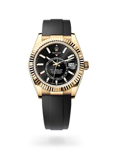 Rolex Sky-Dweller in 18 ct yellow gold with a Bright black dial, Fluted, bidirectional rotatable Rolex Ring Command bezel, Oysterflex bracelet