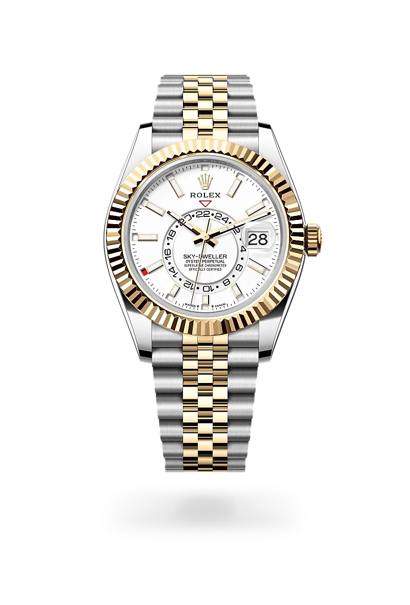 Rolex Sky-Dweller in Yellow Rolesor - combination of Oystersteel and yellow gold with a Intense white dial, Fluted, bidirectional rotatable Rolex Ring Command bezel, Jubilee, five-piece links bracelet