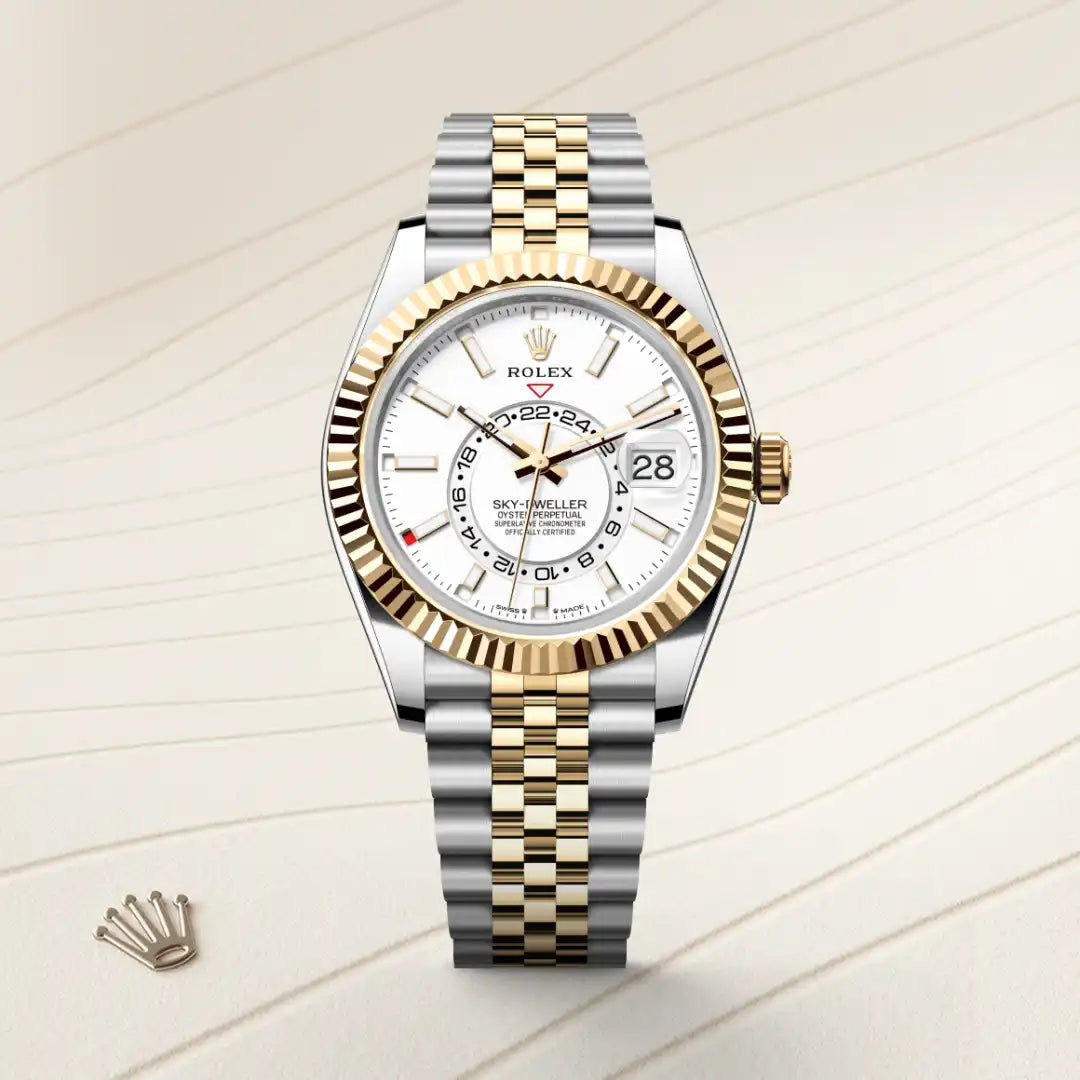 Rolex Sky-Dweller in Yellow Rolesor - combination of Oystersteel and yellow gold with a Intense white dial, Fluted, bidirectional rotatable Rolex Ring Command bezel, Jubilee, five-piece links bracelet