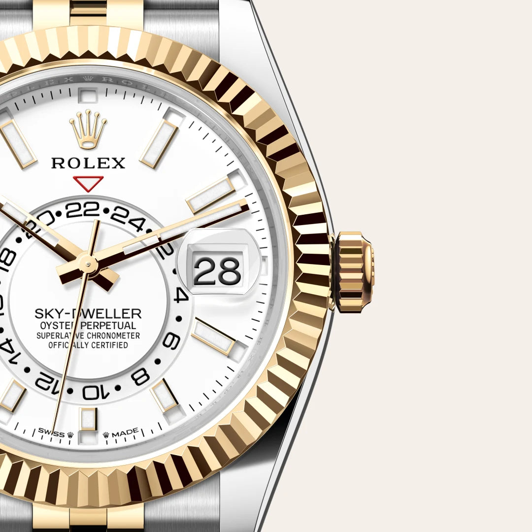 Rolex Sky-Dweller in Yellow Rolesor - combination of Oystersteel and yellow gold with a Intense white dial, Fluted, bidirectional rotatable Rolex Ring Command bezel, Jubilee, five-piece links bracelet