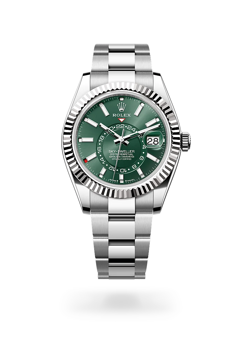 Rolex Sky-Dweller in White Rolesor - combination of Oystersteel and white gold with a Mint green dial, Fluted, bidirectional rotatable Rolex Ring Command bezel, Oyster, three-piece solid links bracelet