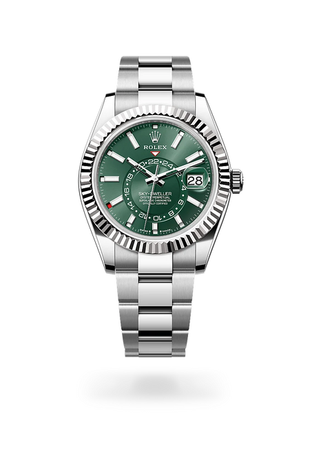 Rolex Sky-Dweller in White Rolesor - combination of Oystersteel and white gold with a Mint green dial, Fluted, bidirectional rotatable Rolex Ring Command bezel, Oyster, three-piece solid links bracelet
