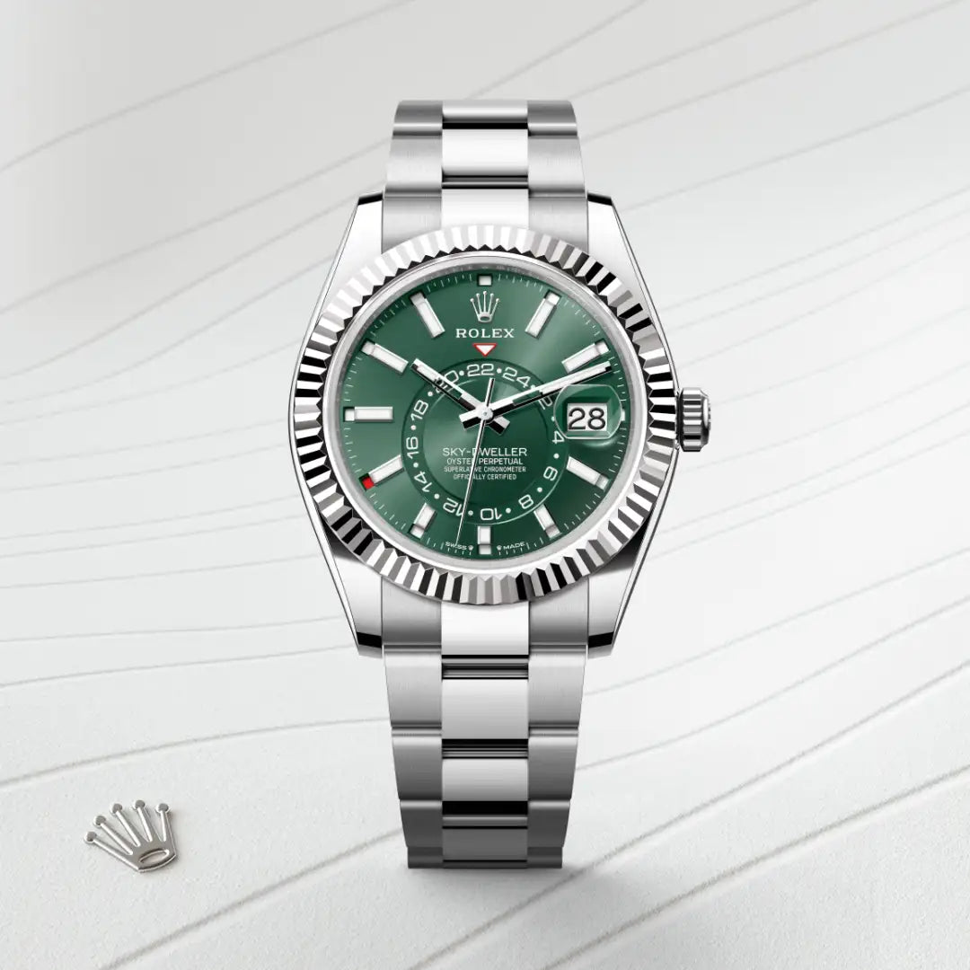 Rolex Sky-Dweller in White Rolesor - combination of Oystersteel and white gold with a Mint green dial, Fluted, bidirectional rotatable Rolex Ring Command bezel, Oyster, three-piece solid links bracelet