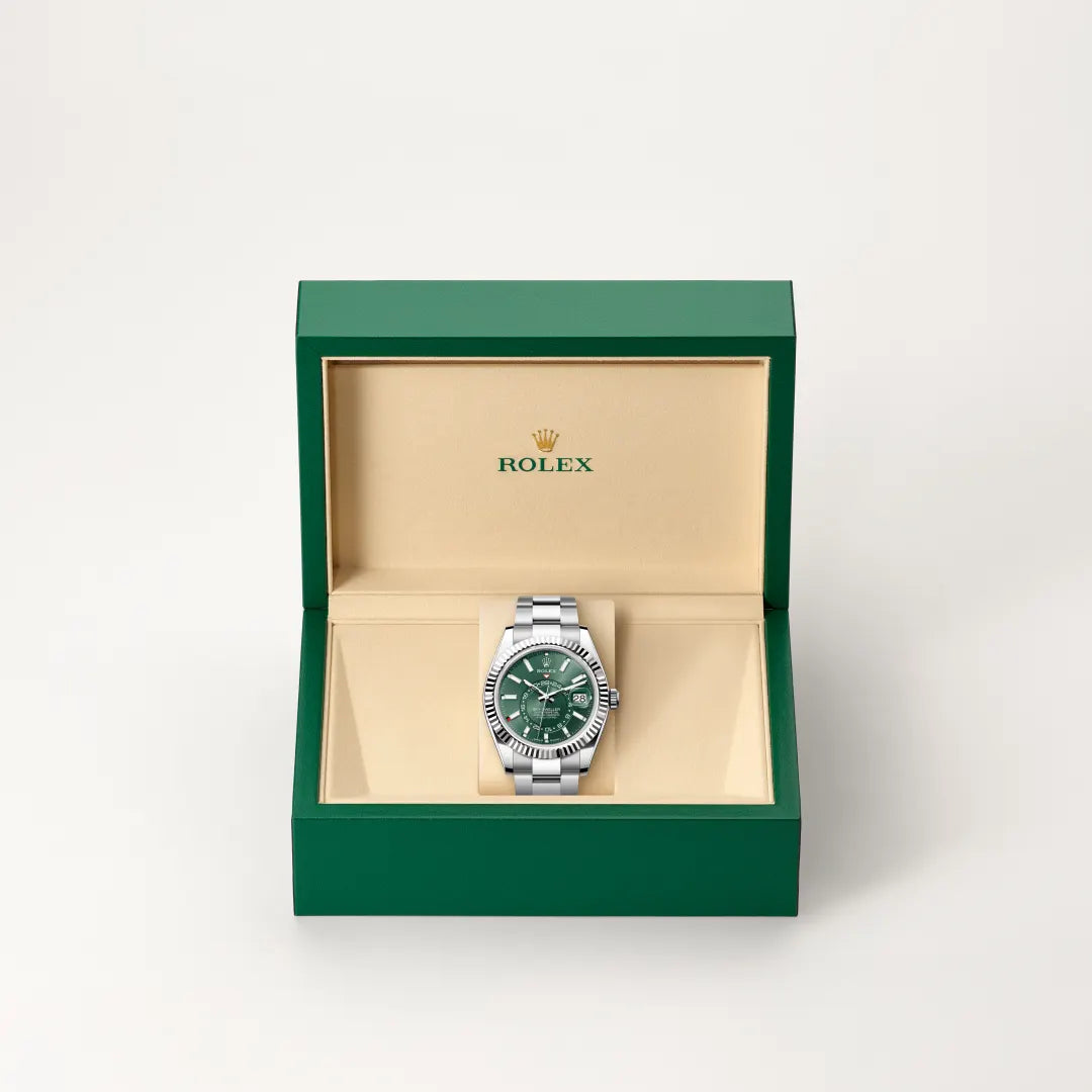 Rolex Sky-Dweller in White Rolesor - combination of Oystersteel and white gold with a Mint green dial, Fluted, bidirectional rotatable Rolex Ring Command bezel, Oyster, three-piece solid links bracelet