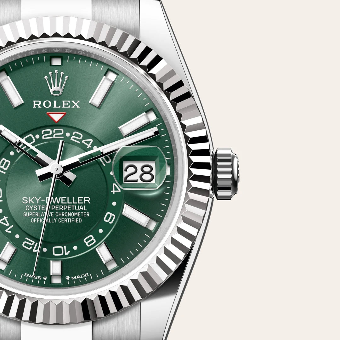 Rolex Sky-Dweller in White Rolesor - combination of Oystersteel and white gold with a Mint green dial, Fluted, bidirectional rotatable Rolex Ring Command bezel, Oyster, three-piece solid links bracelet