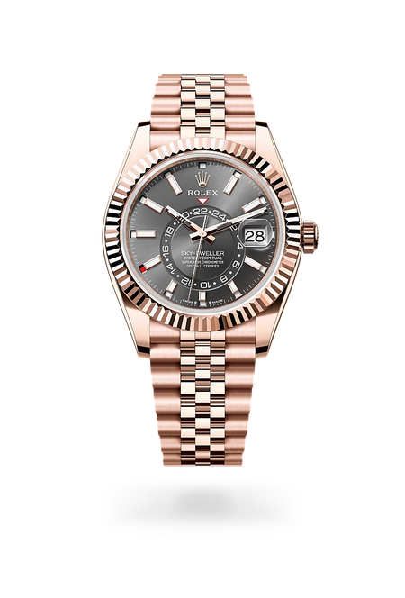 Rolex Sky-Dweller in 18 ct Everose gold with a Slate dial, Fluted, bidirectional rotatable Rolex Ring Command bezel, Jubilee, five-piece links bracelet