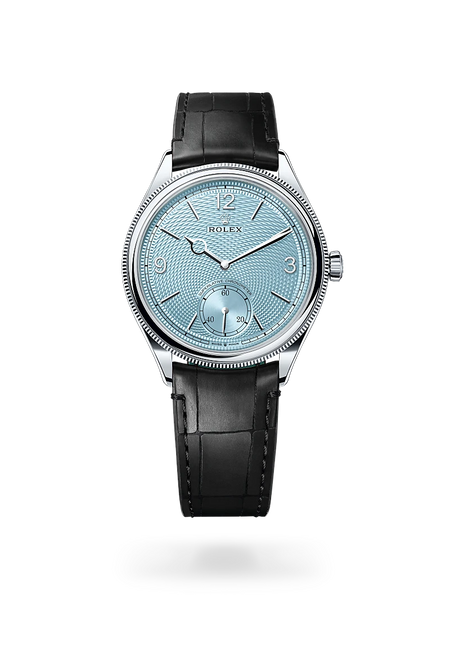 Rolex 1908 in Platinum with a Ice blue, rice-grain motif dial, Domed and fluted bezel, Leather strap bracelet