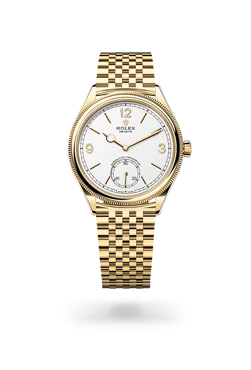 Rolex 1908 in 18 ct yellow gold with a Intense white dial, Domed and fluted bezel, Settimo, seven-piece solid links bracelet