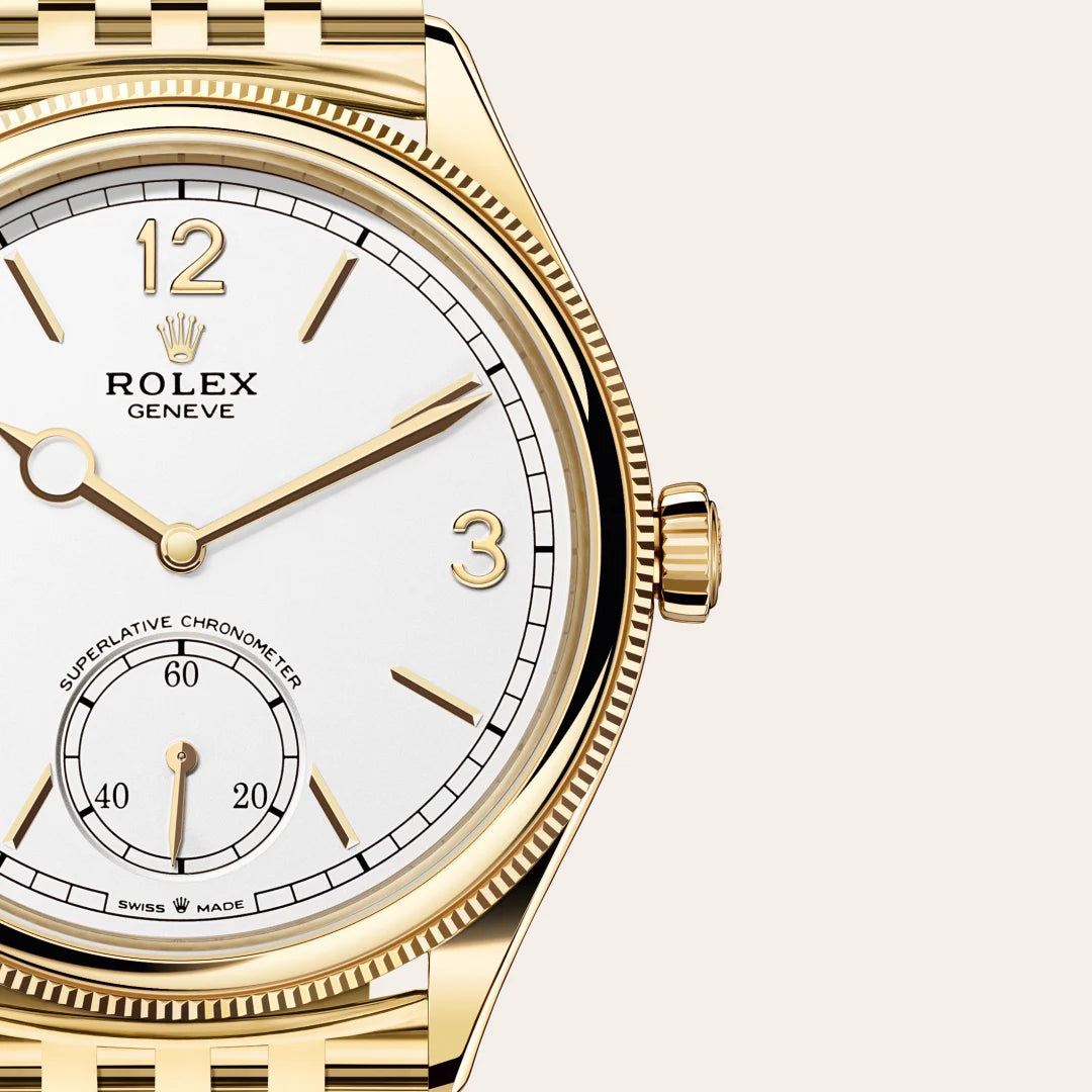 Rolex 1908 in 18 ct yellow gold with a Intense white dial, Domed and fluted bezel, Settimo, seven-piece solid links bracelet