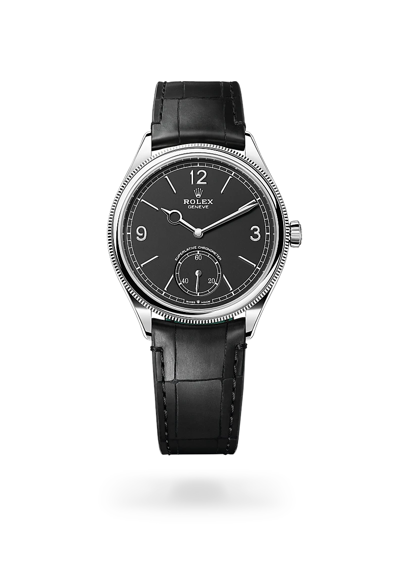 Rolex 1908 in 18 ct white gold with a Intense black dial, Domed and fluted bezel, Leather strap bracelet