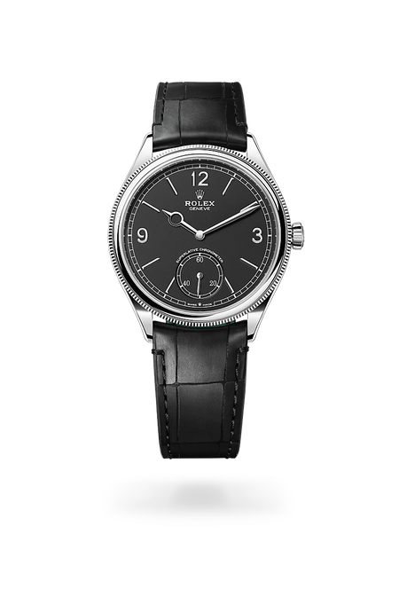 Rolex 1908 in 18 ct white gold with a Intense black dial, Domed and fluted bezel, Leather strap bracelet