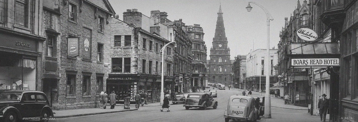 Southgate, Halifax c.1948 — heritage banner, black and white easing into colour