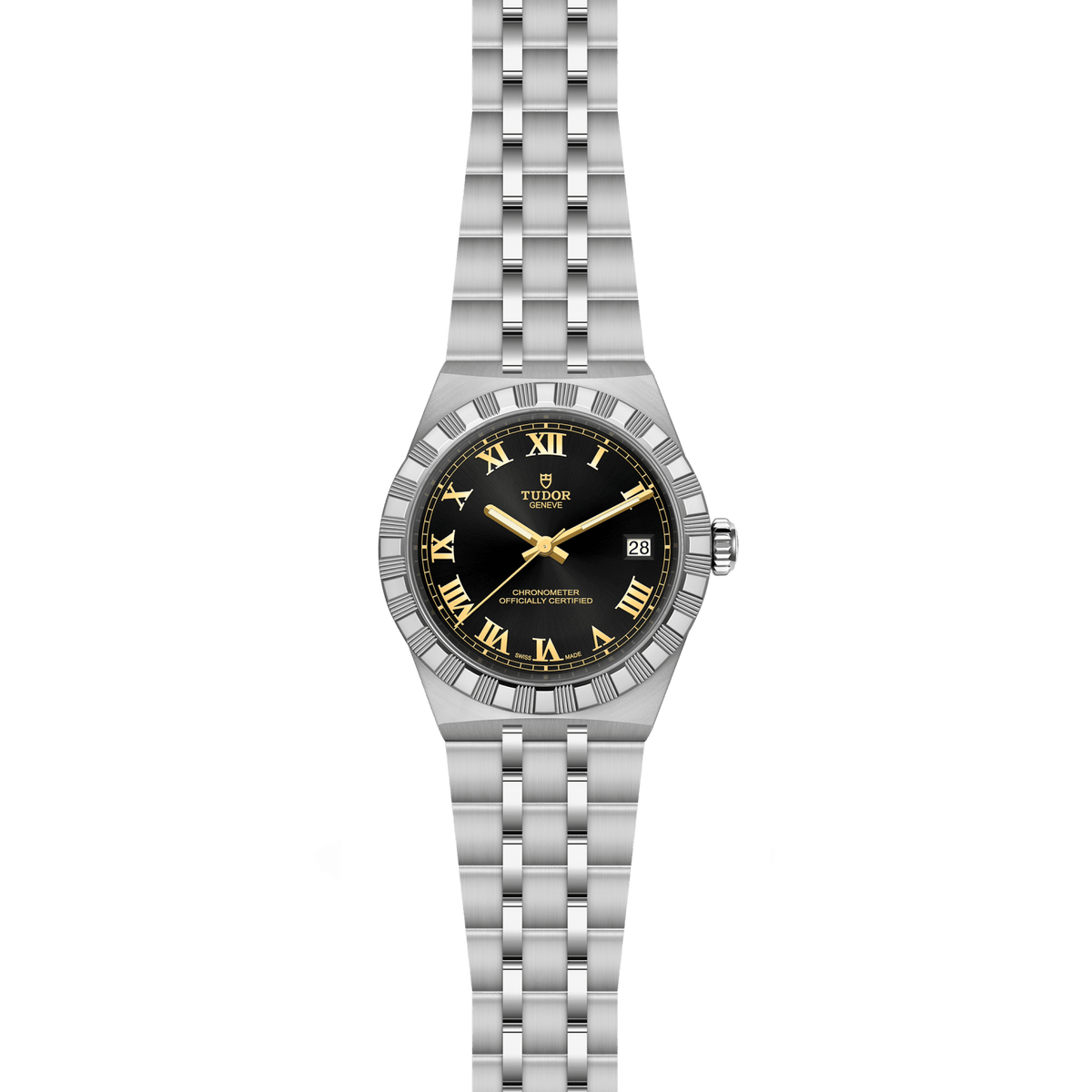 TUDOR Royal 36mm watch featuring a black dial, Roman numerals and integrated steel bracelet