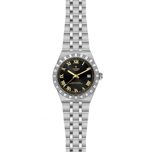 TUDOR Royal 36mm watch featuring a black dial, Roman numerals and integrated steel bracelet