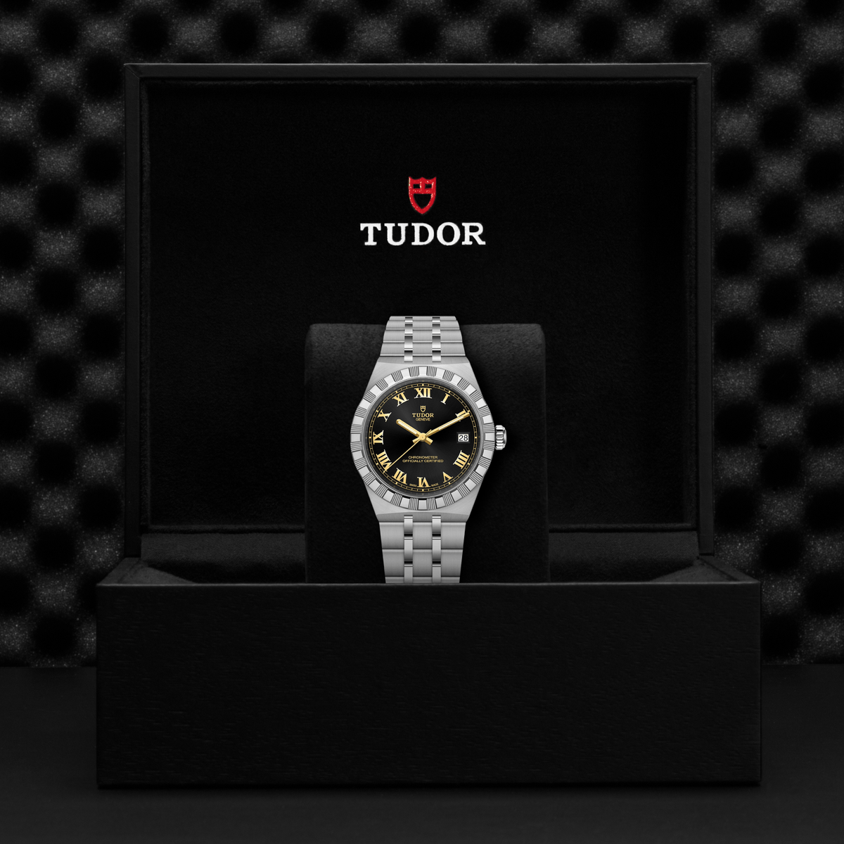 TUDOR Royal automatic watch with black dial, date display and polished stainless steel case