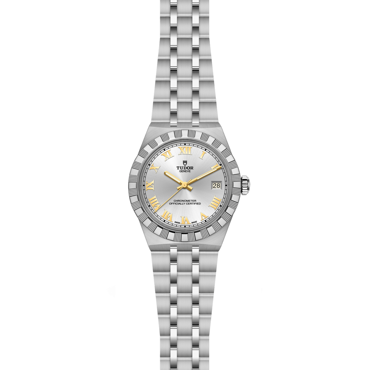 TUDOR Royal 36mm watch featuring a black dial, Roman numerals and integrated steel bracelet