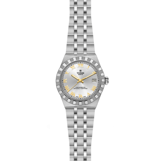 TUDOR Royal 36mm watch featuring a black dial, Roman numerals and integrated steel bracelet