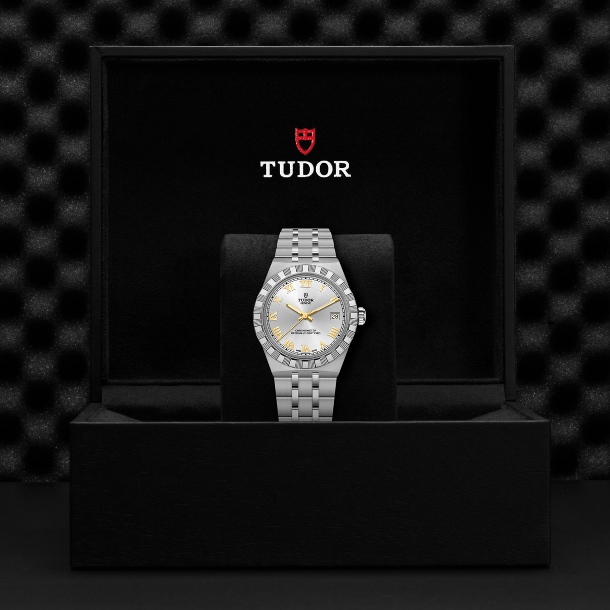 TUDOR Royal automatic watch with black dial, date display and polished stainless steel case