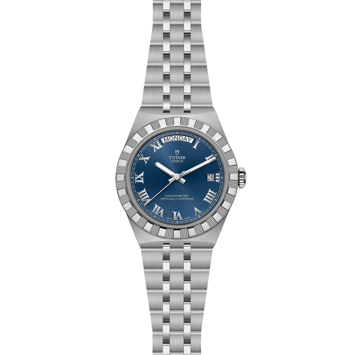 TUDOR Royal 40mm watch with blue dial, Roman numerals and integrated stainless steel bracelet