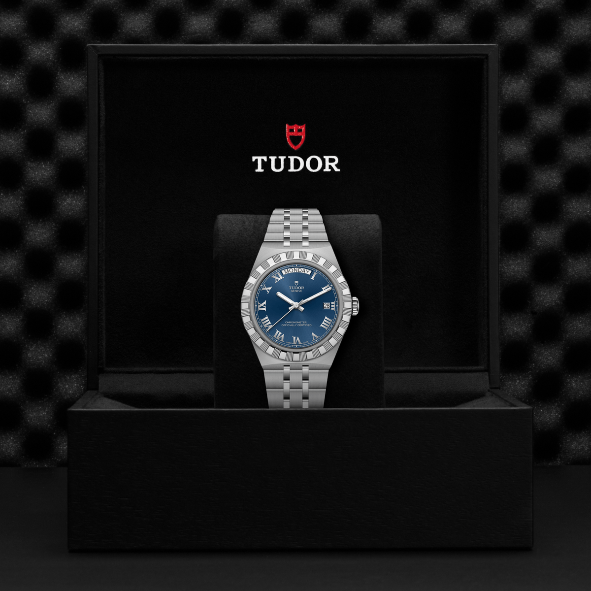 TUDOR Royal automatic watch with blue dial, day and date display and polished steel case