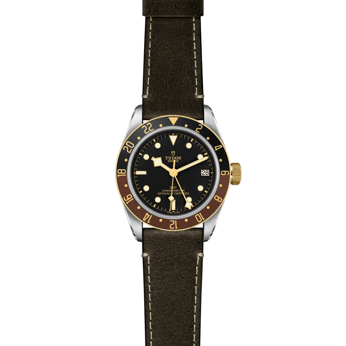 TUDOR Black Bay GMT 41mm watch with black dial, two-tone GMT bezel and brown leather strap