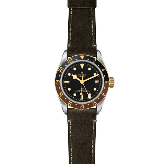TUDOR Black Bay GMT 41mm watch with black dial, two-tone GMT bezel and brown leather strap