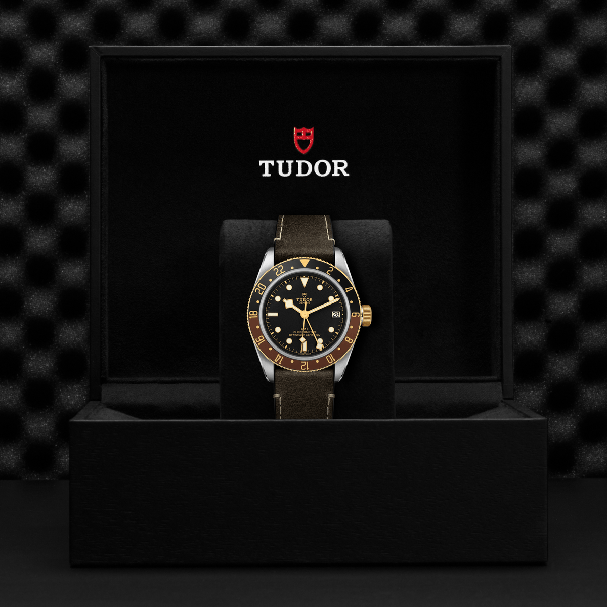 TUDOR Black Bay GMT S&G automatic watch with black dial, yellow gold details and leather strap