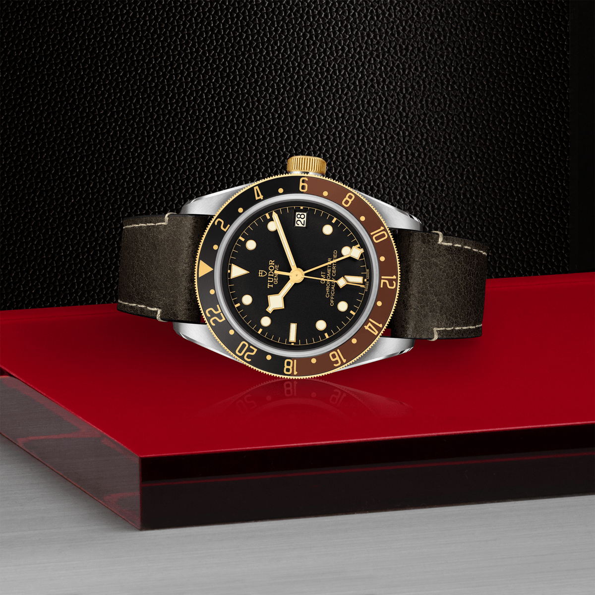 TUDOR Black Bay GMT 41mm Swiss automatic watch with black dial, GMT bezel and brown leather strap