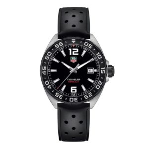 Tag Heuer Formula 1 Watch with a 41mm stainless steel case. The watch features a black date dial, steel black PVD coated bezel and is fitted onto a black rubber strap.