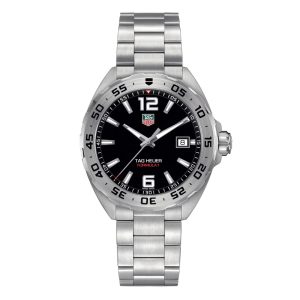 Tag Heuer Formula 1 Watch with a 41mm stainless steel case. The watch features a black date dial, steel bezel and is fitted onto a stainless steel bracelet.
