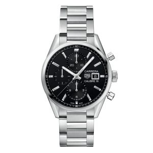 Tag Heuer Carrera Watch with a 41ss stainless steel case. The watch features a black date dial with three sub dials, smooth bezel and is fitted onto a stainless steel bracelet.
