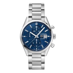 Tag Heuer Carrera Watch with a 41ss stainless steel case. The watch features a blue date dial with three sub dials, smooth bezel and is fitted onto a stainless steel bracelet.
