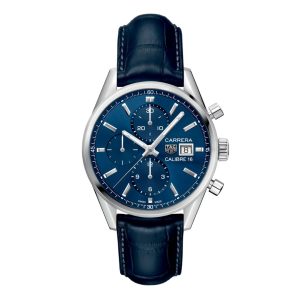 Tag Heuer Carrera Watch with a 41mm stainless steel case. The watch features a blue date dial with three sub dials, smooth bezel and is fitted onto a blue leather strap.