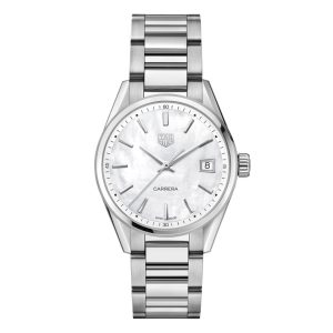 Tag Heuer Carrera Watch with a 36mm stainless steel case. The watch features a white mother of pearl date dial, smooth bezel and is fitted onto a stainless steel bracelet.