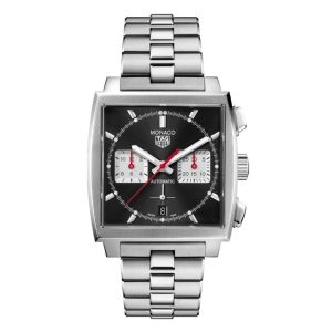 Tag Heuer Monaco Watch with a 39mm square stainless steel case. The watch features a black date dial with two white sub dials, smooth bezel and is fitted onto a stainless steel bracelet.