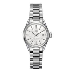 Tag Heuer Carrera Watch with a 28mm stainless steel case. The watch features a white mother of pearl date dial, smooth bezel and is fitted onto a stainless steel bracelet.