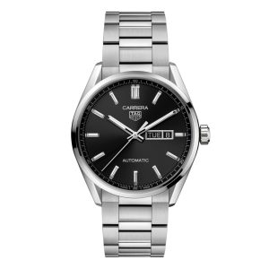 Tag Heuer Carrera Day-Date Watch with a 41mm stainless steel case. The watch features a black day date dial, smooth bezel and is fitted onto a stainless steel bracelet.