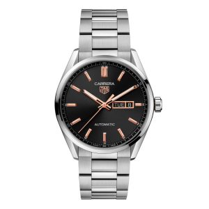 Tag Heuer Carrera Day-Date Watch with a 41mm stainless steel case. The watch features a black day date dial with rose gold accents, smooth bezel and is fitted onto a stainless steel bracelet.